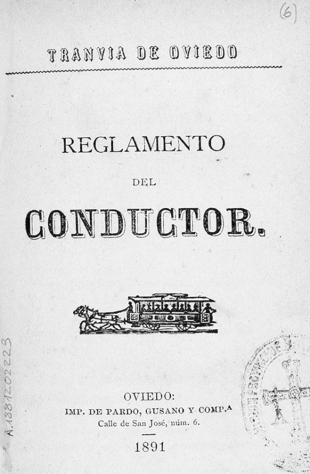Altes Buch mit dem Titel "Reglamento de Conductor" und einer Zeichnung eines Zugs auf dem Cover und einem Stempel auf der rechten Seite.