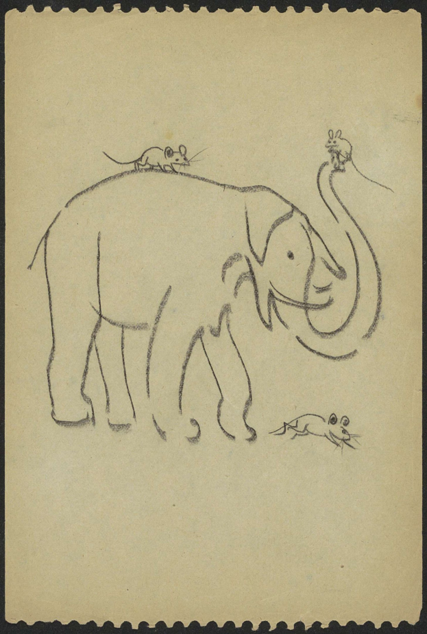 Eine Zeichnung eines aufrechten Elefanten mit erhobenem Rüssel und einer Maus auf seinem Rücken, beide scheinen friedlich zu sein.