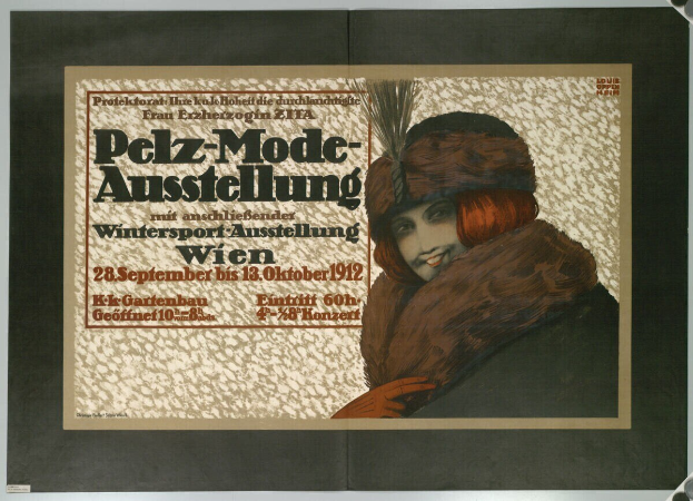 Plakat, das ein Wintersportevent in Wien, Österreich, bewirbt, mit einer lachenden Frau in einem Pelzmantel und Hut sowie Text mit Eventdetails.