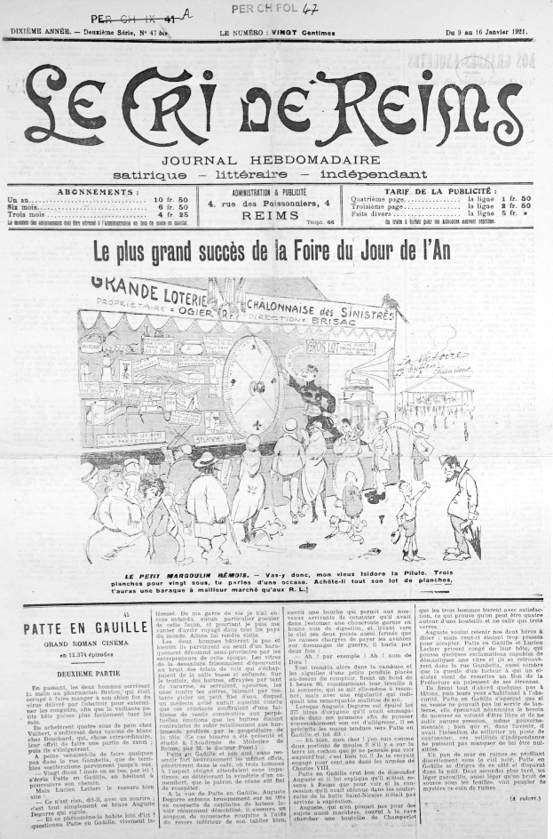 Eine Zeitungsvorderseite mit einem detaillierten, lebensechten Bild einer fröhlichen Gruppe von Menschen, umgeben von Text.