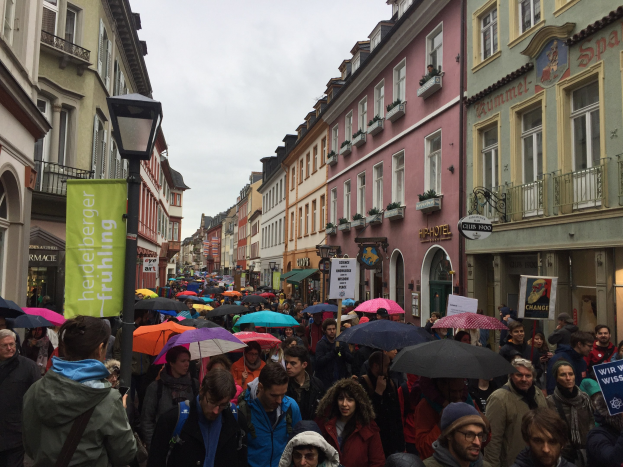 Große Gruppe von Menschen, die mit Schirmen die Straße entlanggehen, einige tragen Taschen und Schilder, mit Gebäuden an den Seiten und einem Laternenmast im Vordergrund während eines Klimastreiks in Deutschland.