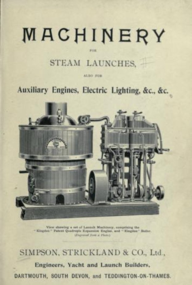 Ein altes Buch mit einer detaillierten Abbildung einer Dampfmaschine, beschriftet mit "Maschinen für Dampfschiffe, auch für Hilfsmaschinen, Elektrobeleuchtung & C."
