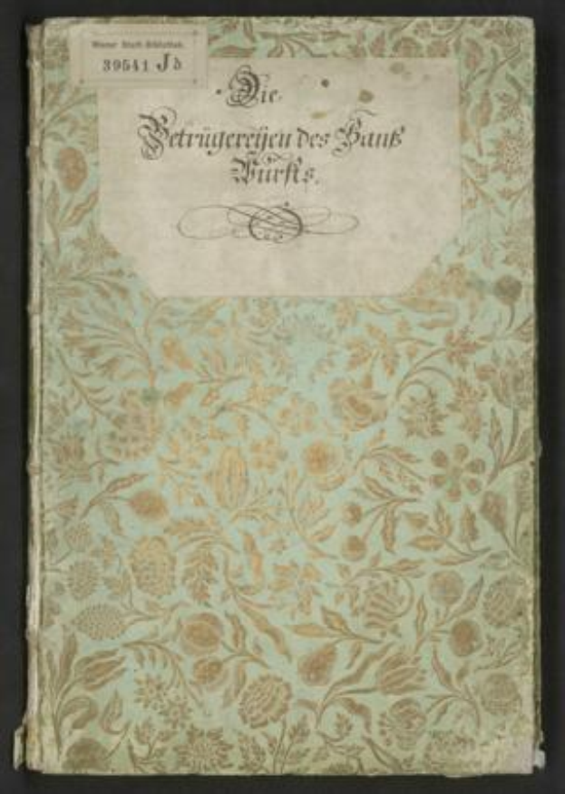 Ein altes Buch mit floralem Design auf dem Cover, betitelt mit "Die Betrugereierten der Bank fürs", vor schwarzem Hintergrund.
