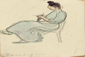 Eine Frau sitzt auf einem Stuhl, strickt mit einer Nadel in der Hand, trägt ein Kleid und hat einen friedlichen Gesichtsausdruck, mit zurückgebundenem Haar und ist auf ihre Aufgabe konzentriert, mit Text auf dem Papier darunter.