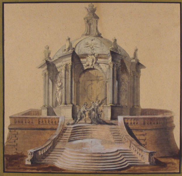 Ein gerahmtes Zeichnung eines klassische Brunnen mit einer Statue darauf, umgeben von Treppen und zusätzlichen Skulpturen.