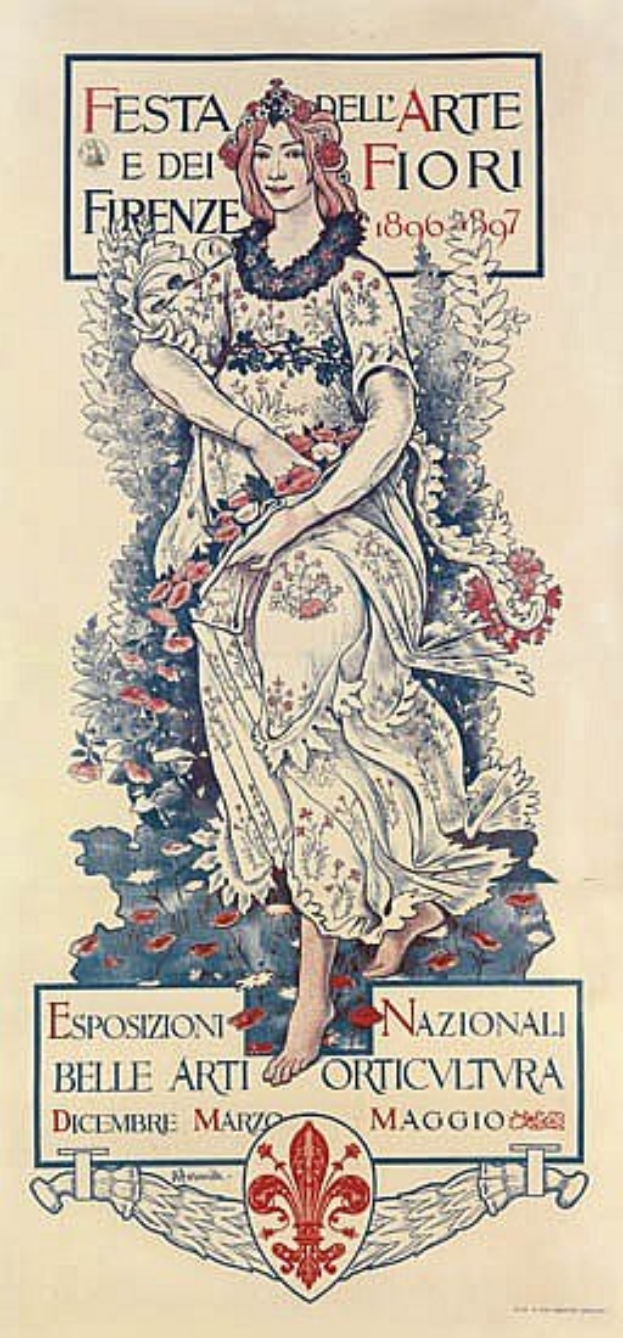 Ein Festivalplakat in Italien mit einer Frau in einem wallenden weißen Kleid mit hohem Kragen, langen Ärmeln und einem Dutt, vor einem hellblauen Hintergrund mit fetter schwarzer Schrift.