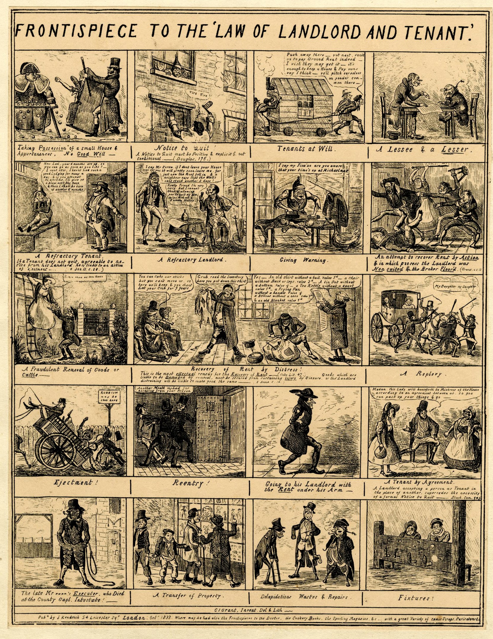 Cartoon-stil Illustration eines Rechtsdokuments mit dem Titel "Mietrecht", das detaillierte Zeichnungen von Menschen, Gebäuden und Gegenständen in einem dekorativen Rahmen zeigt.