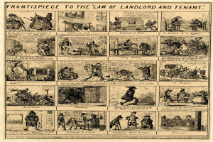 Cartoon-stil Illustration eines Rechtsdokuments mit dem Titel "Mietrecht", das detaillierte Zeichnungen von Menschen, Gebäuden und Gegenständen in einem dekorativen Rahmen zeigt.