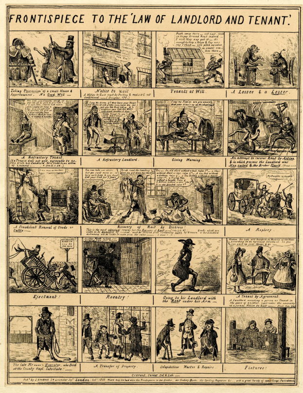 Cartoon-stil Illustration eines Rechtsdokuments mit dem Titel "Mietrecht", das detaillierte Zeichnungen von Menschen, Gebäuden und Gegenständen in einem dekorativen Rahmen zeigt.