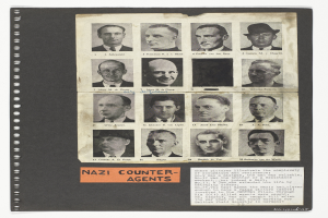 Ein Schwarz-Weiß-Foto eines Mannes im Anzug und mit dunkler, glattgekömmter Haare, der direkt in die Kamera schaut und einen ernsten Ausdruck hat, mit den Worten 'Nazi-Gegenspionage' auf dem Bild.