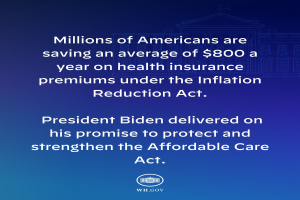 Blauer Hintergrund mit wei├čer Schrift, die besagt, dass Millionen von Amerikanern durchschnittlich 800 USD pro Jahr an Krankenversicherungspr├Ąmien unter dem Inflation Reduction Act sparen, begleitet von einem Logo.