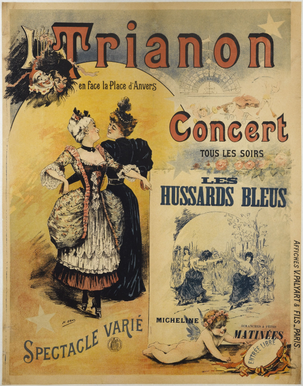 Konzertplakat mit einer Frau in einem langen, hochgeschlossenen Kleid und einem Mann in einem Anzug, der hinter ihr steht und die Arme verschränkt hat, beide mit ernsten Gesichtern.