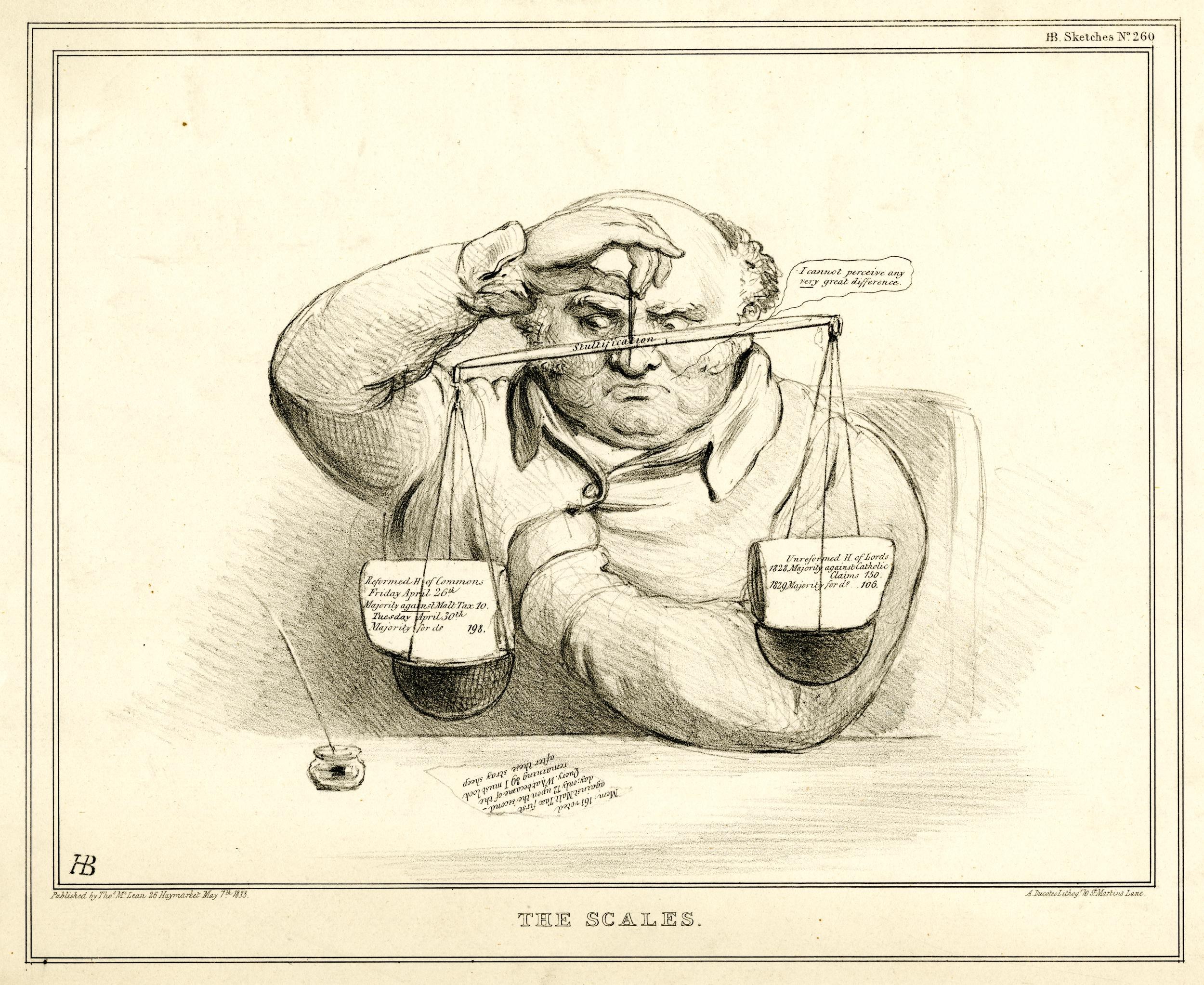 Ein Mann im Anzug sitzt an einem Tisch mit einer Waage davor und betrachtet Dokumente, die mit Text und Zahlen beschriftet sind, wobei er einen entschlossenen Gesichtsausdruck hat.