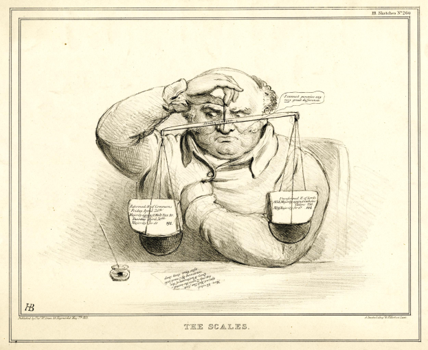 Ein Mann im Anzug sitzt an einem Tisch mit einer Waage davor und betrachtet Dokumente, die mit Text und Zahlen beschriftet sind, wobei er einen entschlossenen Gesichtsausdruck hat.