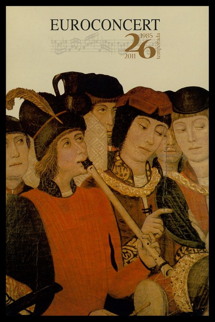Plakat des European Concert 26 mit einer Gruppe von Musikern, die Instrumente spielen, und Text mit Veranstaltungdetails.