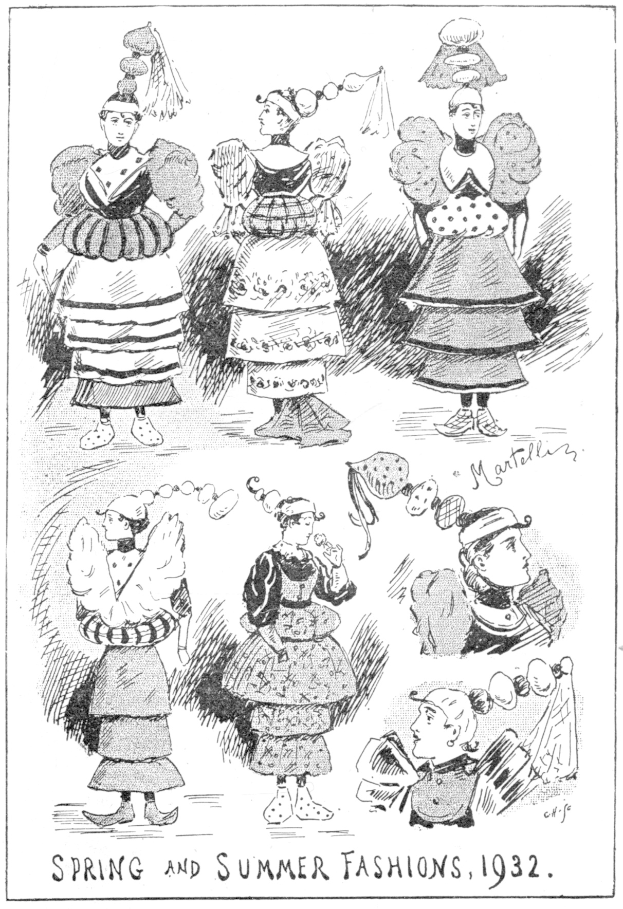 Modeillustration aus dem Jahr 1932, die Frauen in Frühlings- und Sommerkleidern zeigt, begleitet von beschreibendem Text.