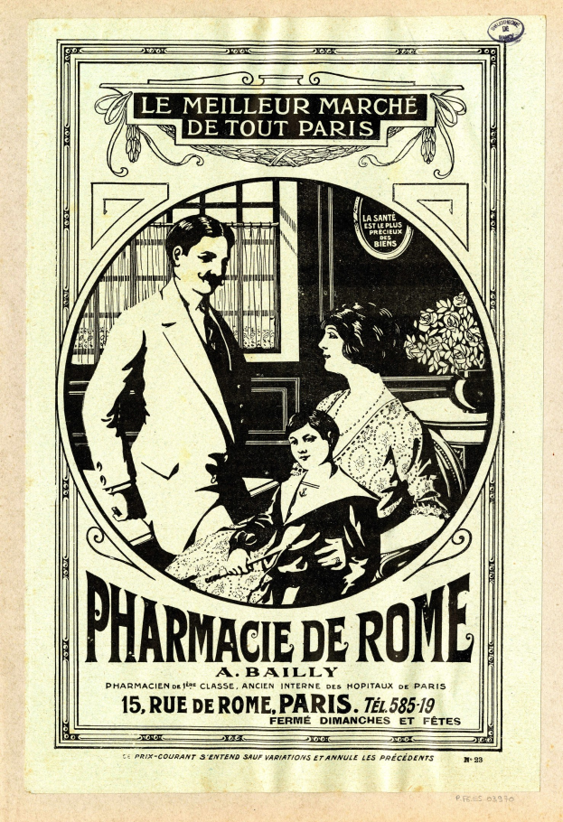 Schwarze-weiße Werbung für eine Apotheke in Rom, die einen Mann und eine Frau zeigt, die nebeneinander stehen, mit Text, der die Apotheke und ihre Dienstleistungen beschreibt.