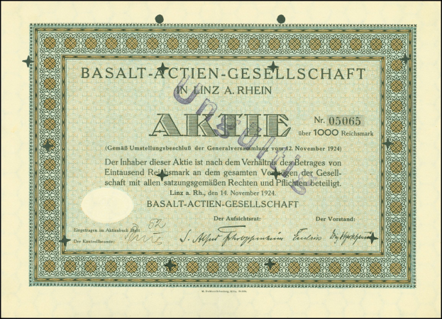 Rahmengestaltetes altes Aktienzertifikat ausgestellt von Basalt-Actien-Gesellschaft in Linz, Deutschland, mit sichtbarem Text.