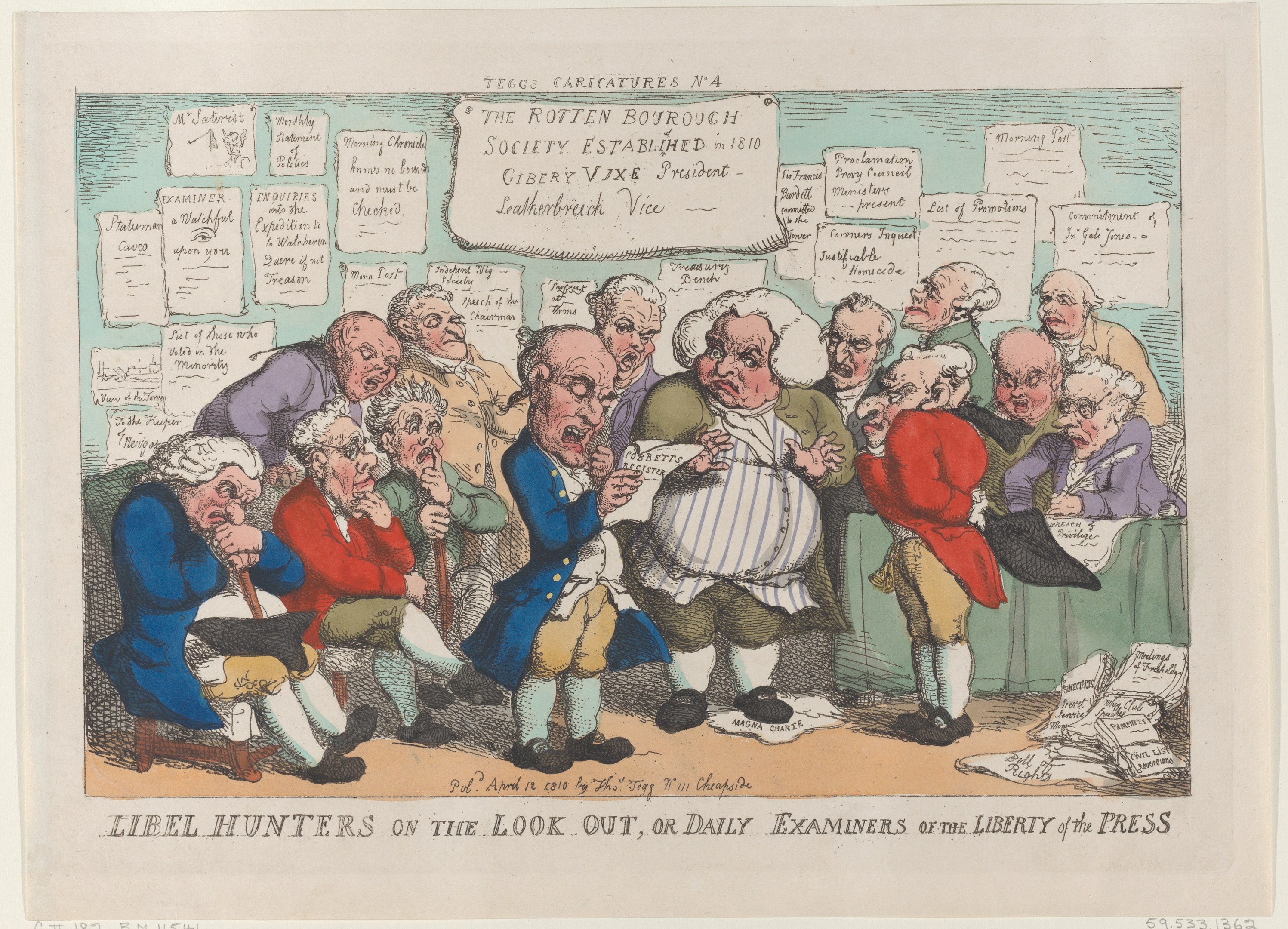 Cartoon von Menschen, die um einen Tisch sitzen und Papiere überprüfen, mit der Bildunterschrift "Libel Hunters on the Look Out, or Daily Examiners of the Liberty of the Press."