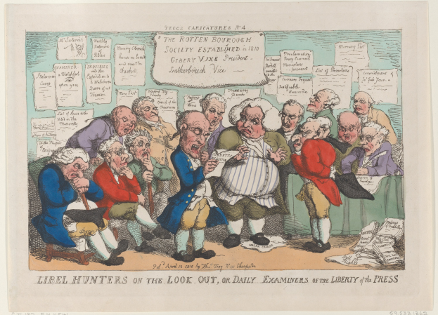 Cartoon von Menschen, die um einen Tisch sitzen und Papiere überprüfen, mit der Bildunterschrift "Libel Hunters on the Look Out, or Daily Examiners of the Liberty of the Press."
