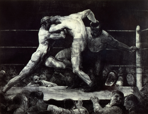 Zwei Boxer im Boxring tauschen Faustschläge aus, während eine jubelnde Menge zusieht.