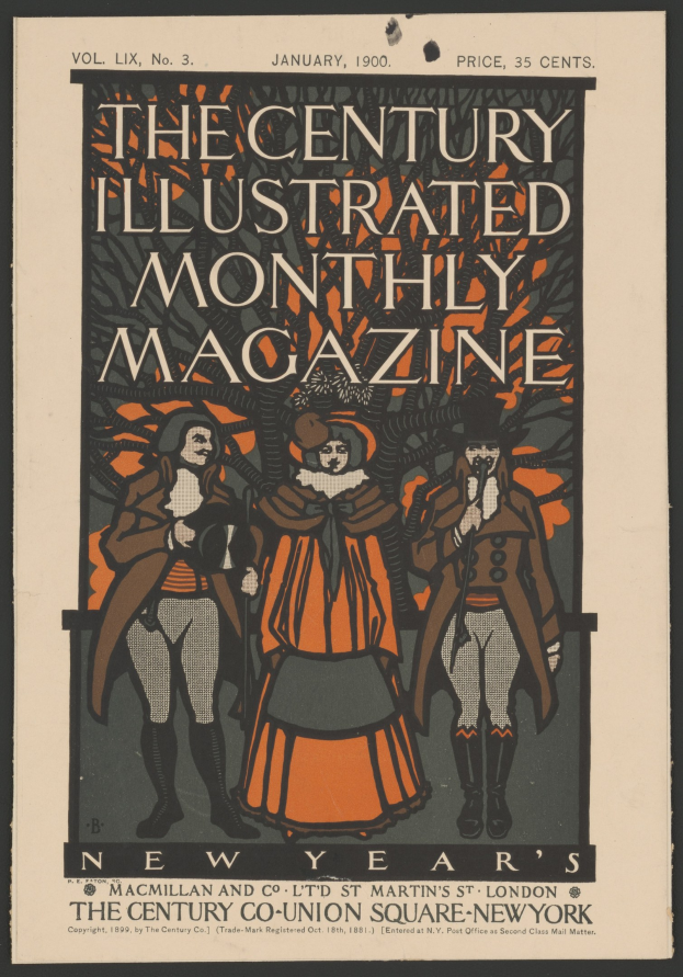 Schwarzer Poster für 'The Century Illustrated Monthly Magazine, Januar 1900' mit Personen in historischer Kleidung und dekorativem Rahmen.