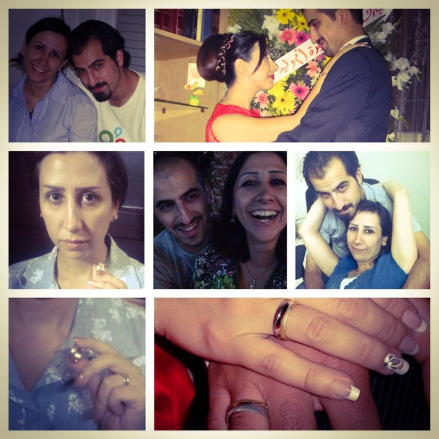 Collage eines Mannes und einer Frau mit Eheringen, umgeben von Blumen und anderen Gegenständen.