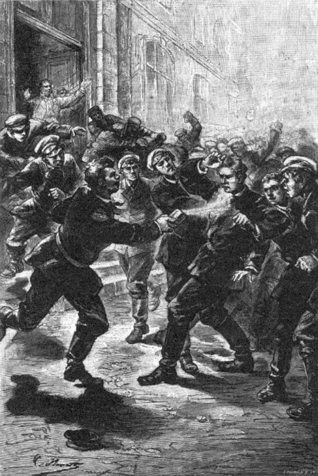 Schwarz-weiß-Illustration einer gewalttätigen Straßenkrawall zwischen Gruppen von Männern in viktorianischem London, mit einem Gebäude im Hintergrund und Text unten, der 'Victorian riots in London, England' lautet.