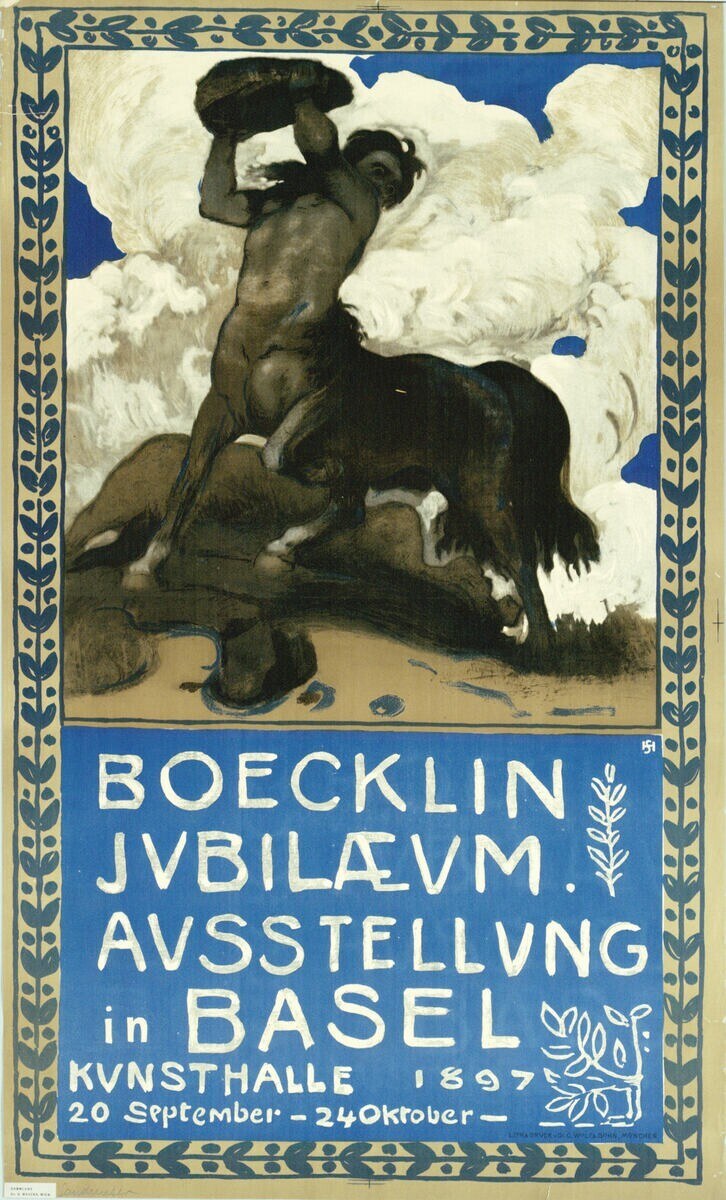 Plakat für ein Konzert in Basel, Schweiz, mit einer Illustration einer Person und eines Pferdes und Veranstaltungstext.