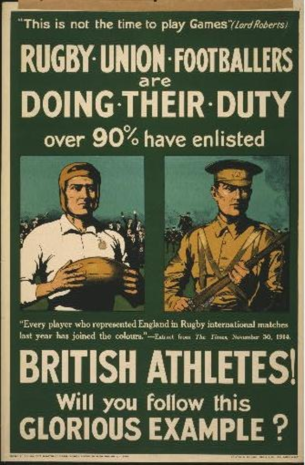 Plakat mit zwei Rugbyspielern in Uniform, auf dem über 90% der britischen Athleten eingezogen sind und Informationen über ihre Aufgaben geben.