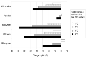 Eine Säulendiagramm, das den globalen Temperaturanstieg im Vergleich zum späten 20. Jahrhundert zeigt, mit variierenden Säulenhöhen, die verschiedene Klimaveränderungen darstellen und begleitenden Text, der weitere Dateninformationen bereitstellt.