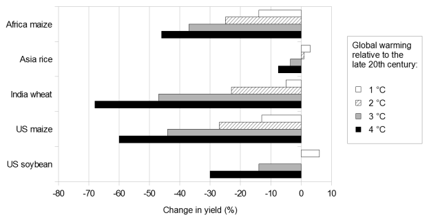 Eine Säulendiagramm, das den globalen Temperaturanstieg im Vergleich zum späten 20. Jahrhundert zeigt, mit variierenden Säulenhöhen, die verschiedene Klimaveränderungen darstellen und begleitenden Text, der weitere Dateninformationen bereitstellt.