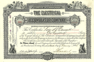 Ein Aktienzertifikat der Elektrischen Akkumulatorengesellschaft mit detaillierten Designs und dem Text "The Electrical Accumulator Company".