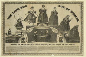 Eine farbenfrohe Papierreproduktion, die die Stadien des Lebens von der Kindheit bis zum Alter zeigt, mit fetter Schrift und detaillierten Elementen.