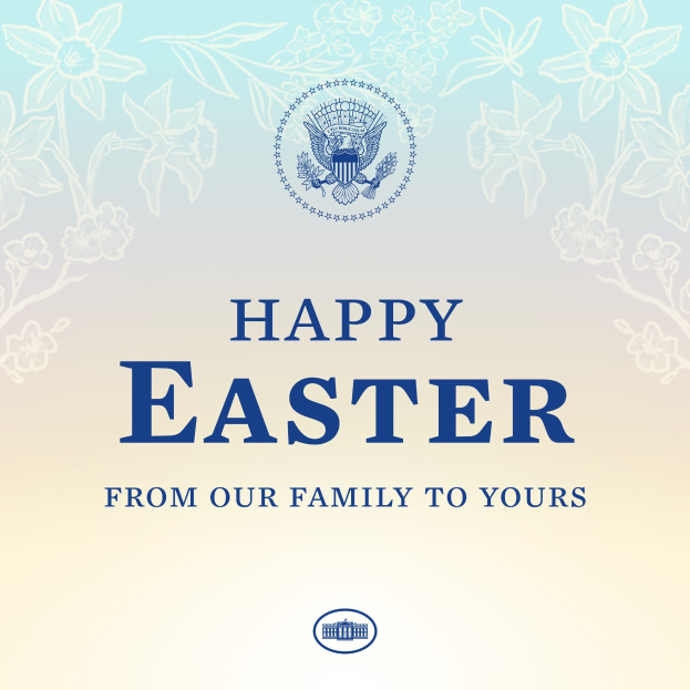 Plakat mit "Frohe Ostern von unserer Familie für die Ihre" in festlicher Schrift, Logo des US-Heimatschutzministeriums und farbenfrohe Osterdekorationen einschließlich Eiern und Hasen.