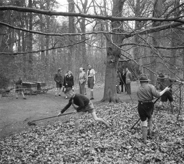 Schwarz-weiß-Bild einer Gruppe von Menschen, die mit Stöcken in einem bewaldeten Gebiet mit abgefallenen Blättern spielen.