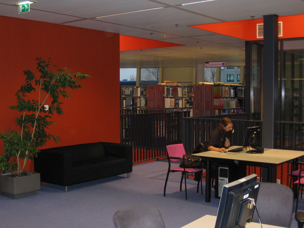 Eine Frau in einem schwarzen T-Shirt bedient ein Computersystem auf einem Tisch, mit einer schwarzen Couch dahinter, einer roten Wand mit einer Pflanze und Bücherregalen im Hintergrund, was eine Bibliothekseinrichtung vermuten lässt, mit einer Decke oben im Bild.