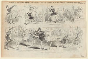 Eine Buchseite mit einer lebendigen Zeichnung von Menschen, die im Einklang tanzen, begleitet von Text, der das Datum, die Uhrzeit und den Ort des Ereignisses angibt.