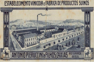 Ein altes Banknotenbild mit einer Fabrikszene, die Gebäude, Bäume, Hügel und Himmel zeigt, mit Text oben und unten.