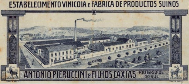 Ein altes Banknotenbild mit einer Fabrikszene, die Gebäude, Bäume, Hügel und Himmel zeigt, mit Text oben und unten.