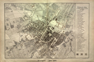 Ein detaillierter Stadtplan von Stuttgart, Deutschland aus dem Jahr 1881 mit Text zur Übersicht des Gebiets.