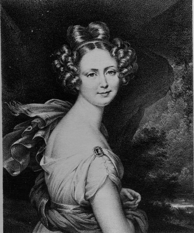 Schwarz-weißes Porträt von Maria Feodorovna von Russland in einem Kleid mit dunklem Hintergrund, direktem Blick und sanftem Gesichtsausdruck.