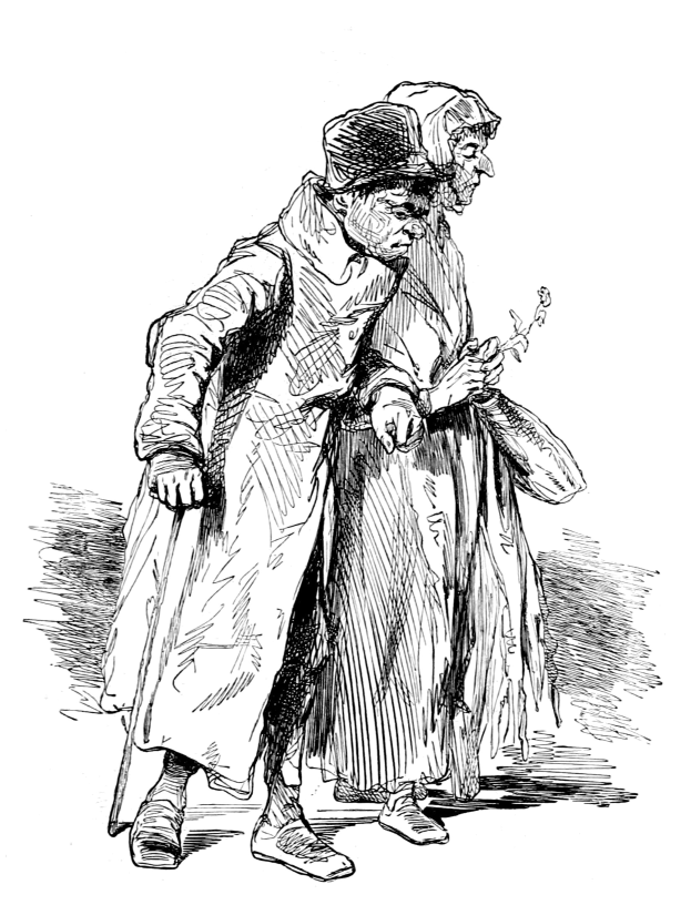 Schwarz-weiß-Foto eines alten Mannes mit Hut und einer Frau, die die Straße entlanggehen, die Frau hölt ein Objekt in der Hand.