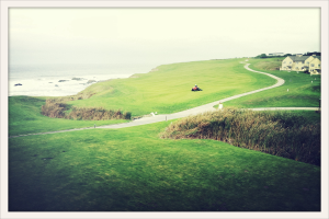 Eine LandschaftenSzene mit Unkraut und Feldern im Vordergrund, einem Traktor und einem Weg in der Mitte, Häusern und Bäumen oben rechts, Wasser oben links und einem bewölkten Himmel.