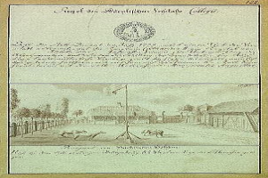 Schwarz-weißes Bild einer handschriftlichen Entwurfsseite der deutschen Verfassung mit einer skizzierten Straßenszene einschließlich eines Fahnenmasts, Gebäude, Bäume und Himmel.