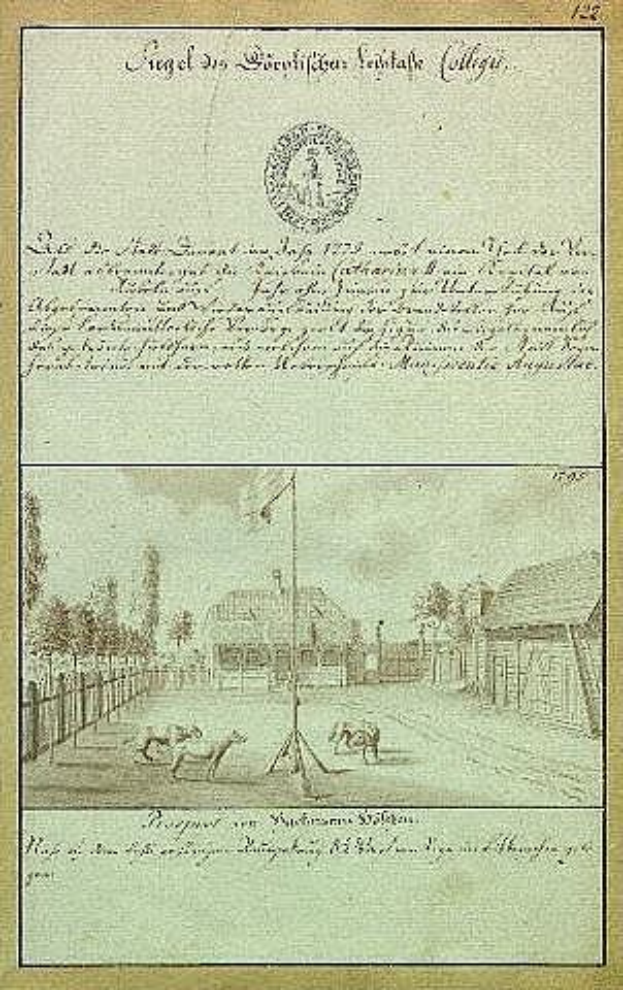 Schwarz-weißes Bild einer handschriftlichen Entwurfsseite der deutschen Verfassung mit einer skizzierten Straßenszene einschließlich eines Fahnenmasts, Gebäude, Bäume und Himmel.