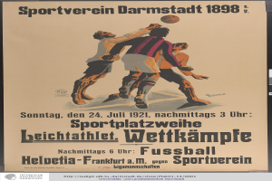Ein Plakat, das ein Fußballspiel mit einer Gruppe von Männern in Fußballtrikots zeigt, die aktiv spielen, mit Text, der das Spiel und die Spieler beschreibt.