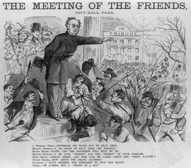 Eine handgezeichnete Skizze auf Papier zeigt eine Gruppe von Menschen mit Waffen in City Hall Park und ein Gebäude im Hintergrund, betitelt mit "Die Zusammenkunft der Freunde."