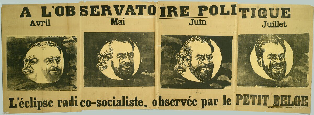 Plakat, das ein politisches Ereignis mit dem Titel "L'Éclipse Radio Co-Socialiste" ankündigt, beobachtet von "Le Petit Belge", mit Bildern von Menschen und Text.