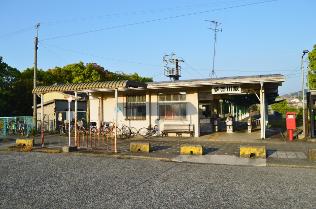 Fahrräder vor einem Bahnhof mit Häusern, Bäumen, Strommasten und Drähten vor einem klaren blauen Himmel, über einer Straße.